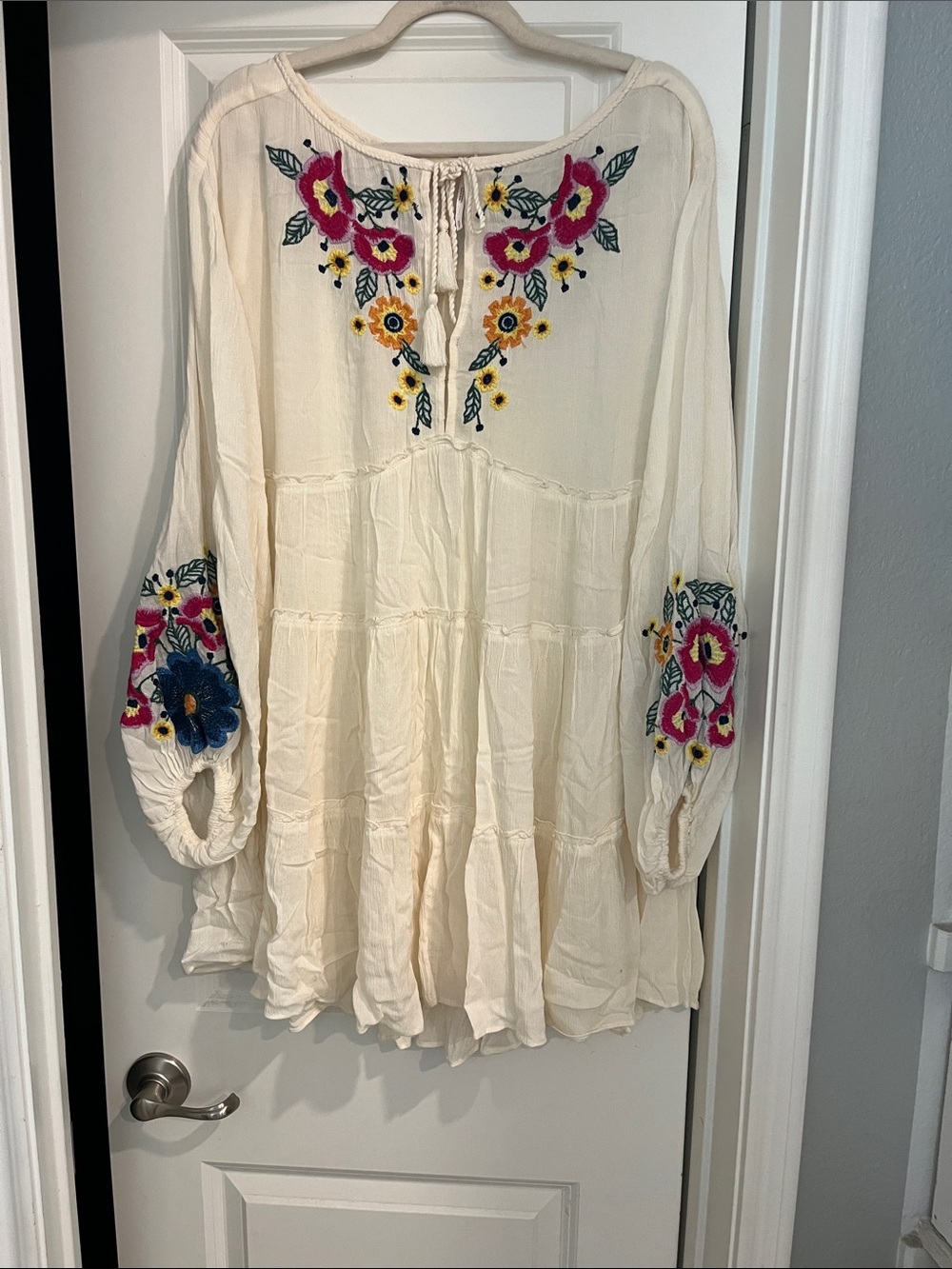 Free People Cream Boho Dress with Pink & Yellow Floral Embroidery